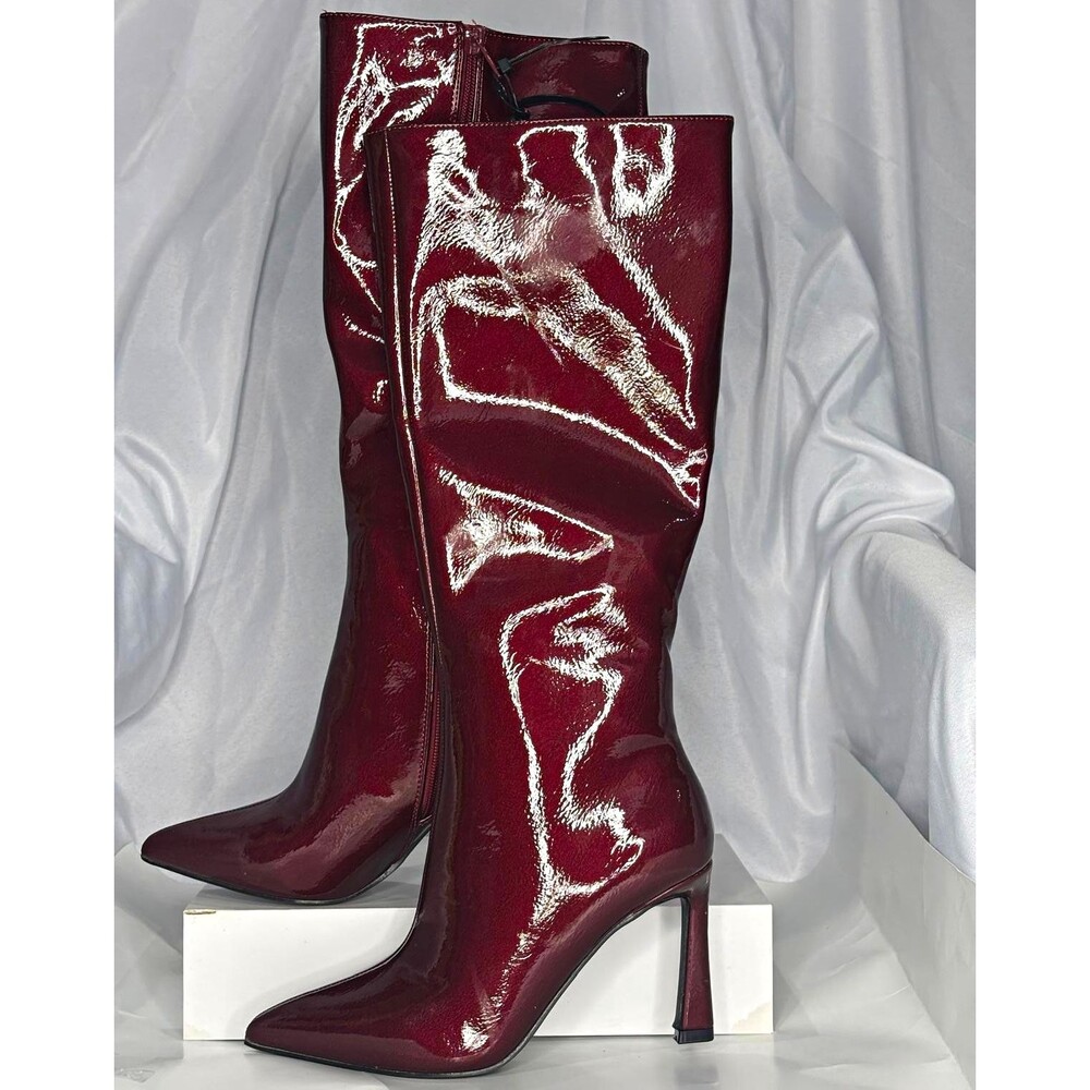 Women’s Burgundy Patent Knee High Boots Size 6 Pointed Toe Stiletto Heel NWOT